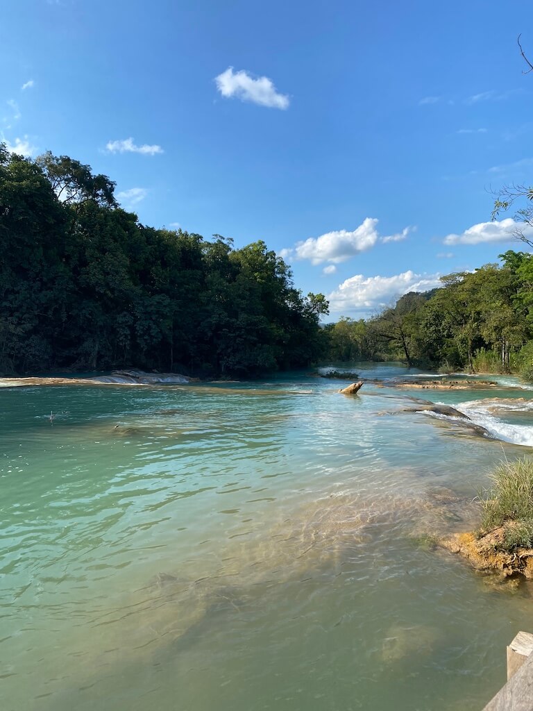 Looking down the river at the Aguas Azules Waterfalls in Chiapas, Mexico