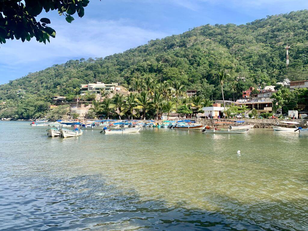 panga boats float in the bay of Boca de Tomatlán, the fishing village where the hike to Las Animas begins