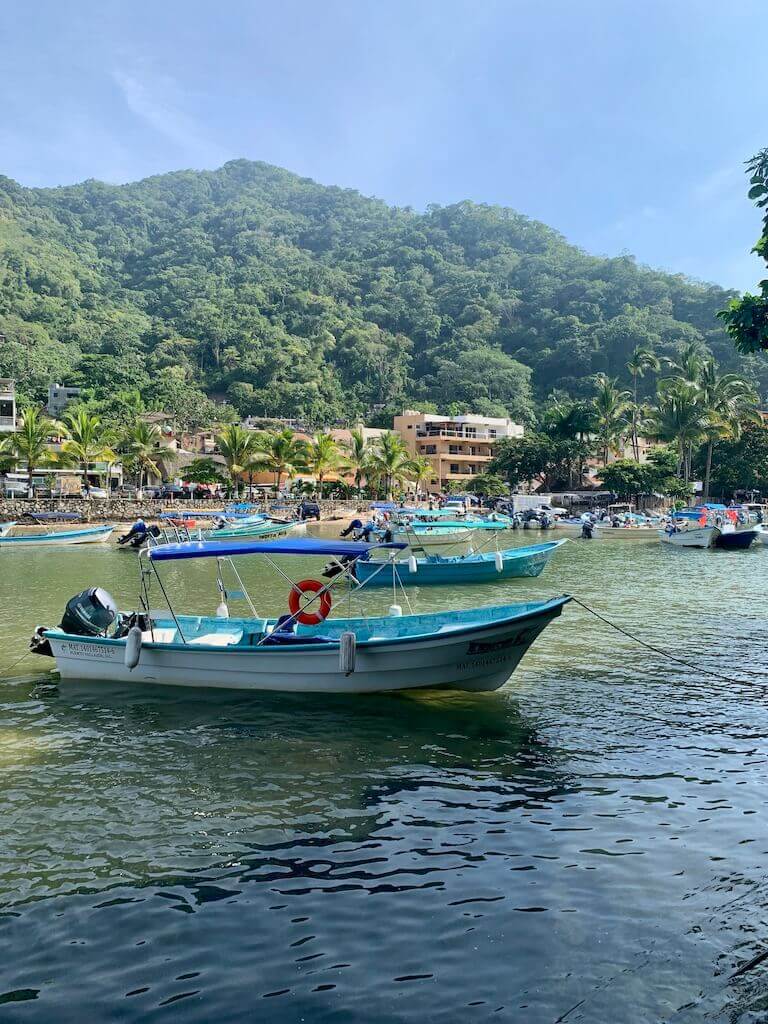 panga boats anchored in the bay of Boca de Tomatlán near Puerto Vallarta