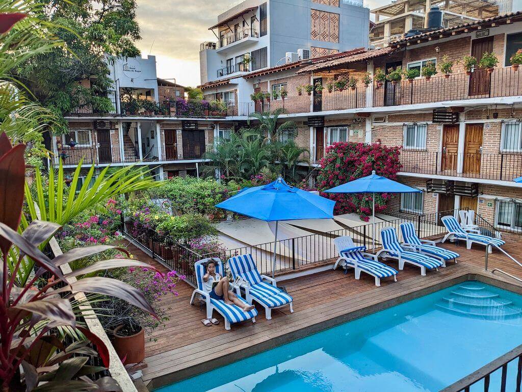 view of the pool and courtyard of Hotel Posada de Roger in Puerto Vallarta, Mexico