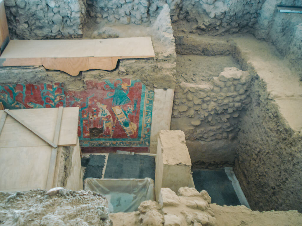 a partially restored mural at the ancient Mexican ruins of Cacaxtla