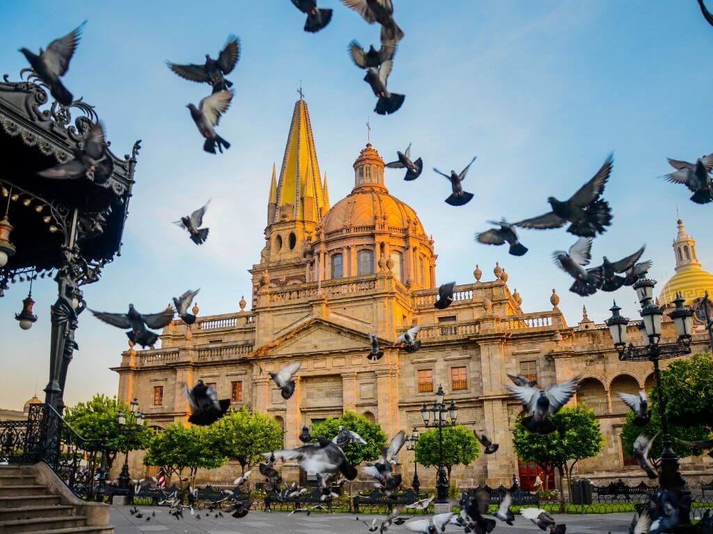 Guadalajara's Catedral de la Asunción de María Santísima, with a flock of pigeons taking flight in the foreground