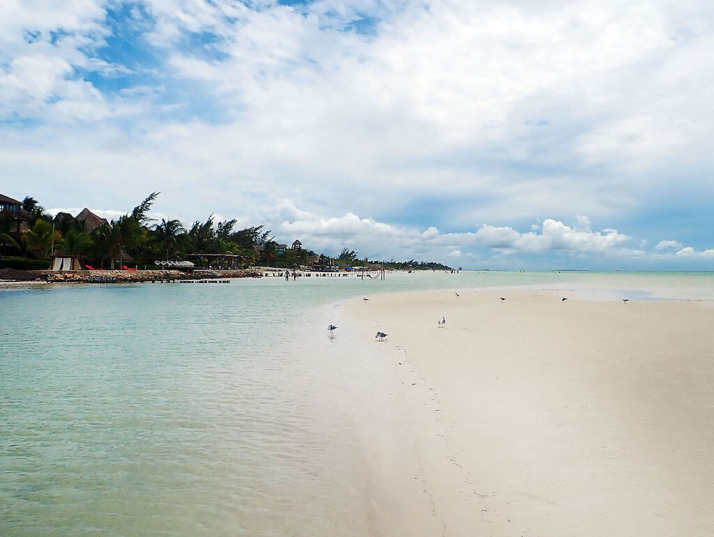 a shallow sandbar in Isla Holbox, Mexico. You can see birds and turquoise water in the distance.