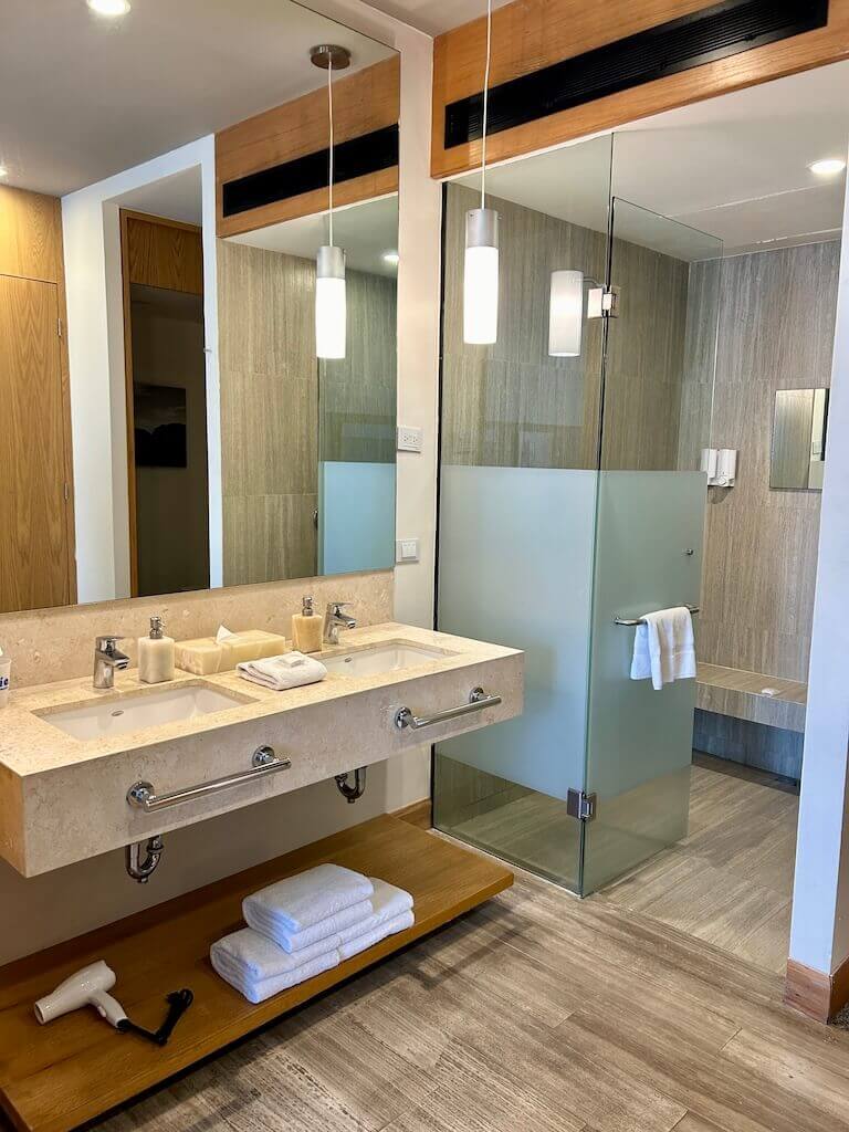 hotel vanity with two sinks and an enormous glass-enclosed shower to the right