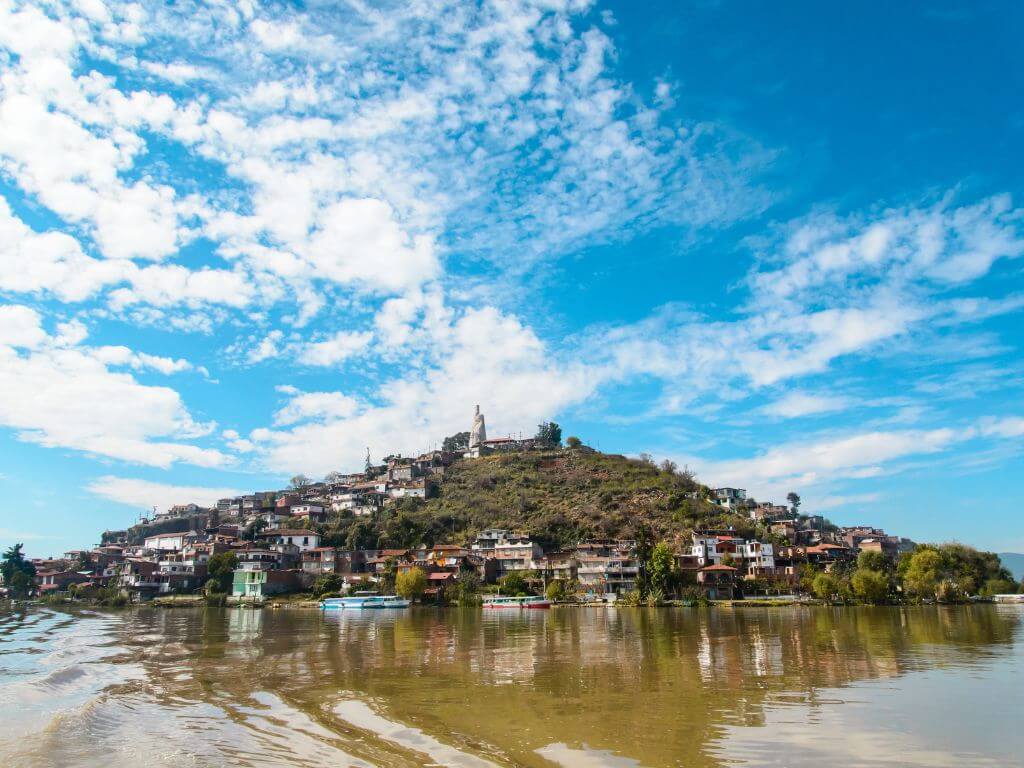 Isla de San Janitzio with a section of Lago de Patzcuaro in the foreground