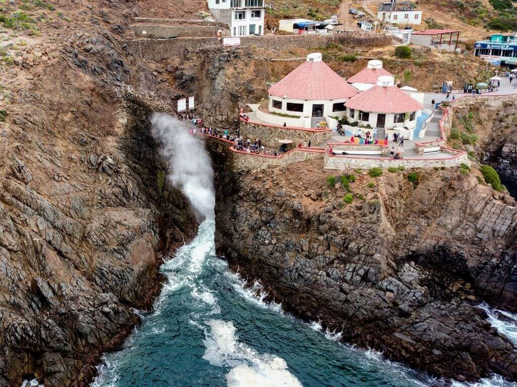 An aerial view of La Bufadora, a marine geyser and must-see attraction in Ensenada, Mexico