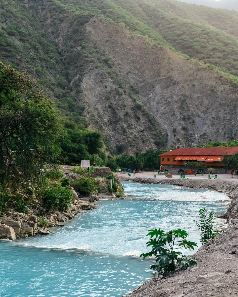 Las Grutas de Tolantongo River with a hotel and campground in the distance