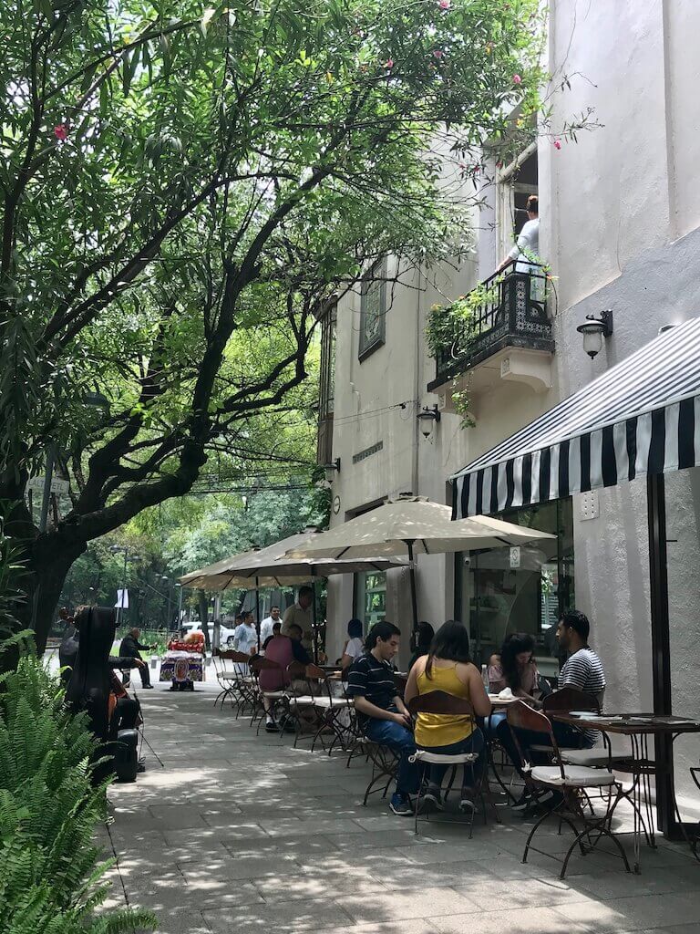 Patrons enjoy outdoor dining under the shade of trees on a peaceful Mexico City street, a delightful experience to have while acclimating to the city's elevation.