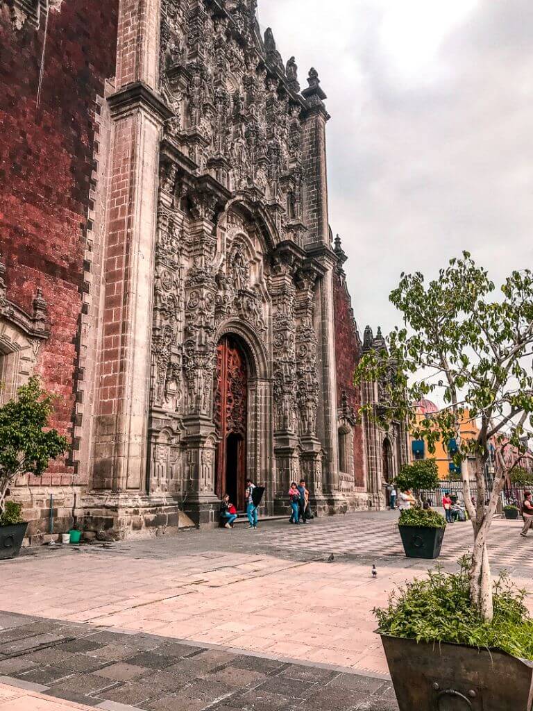 facade of the Metropolitan cathedral on Mexico City's Zocalo. with potted trees in the foreground