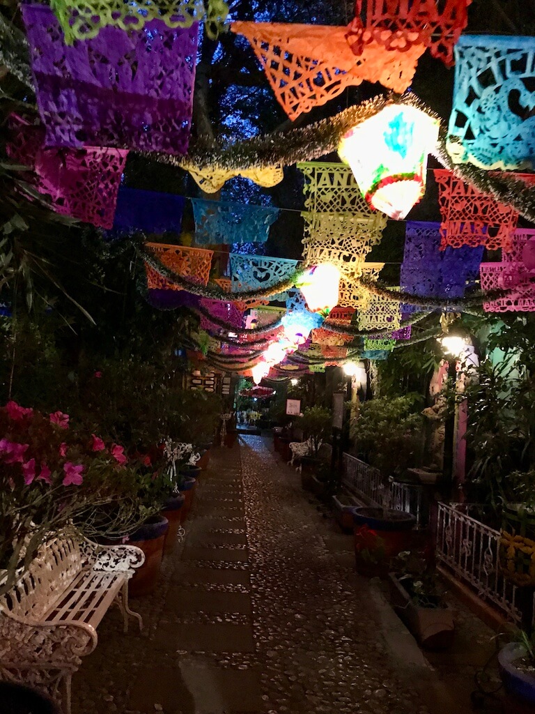 Papel picado is strung overhead at a walkway leading into a restaurant in Coyoacan. Plants and benches line the stone walkway.