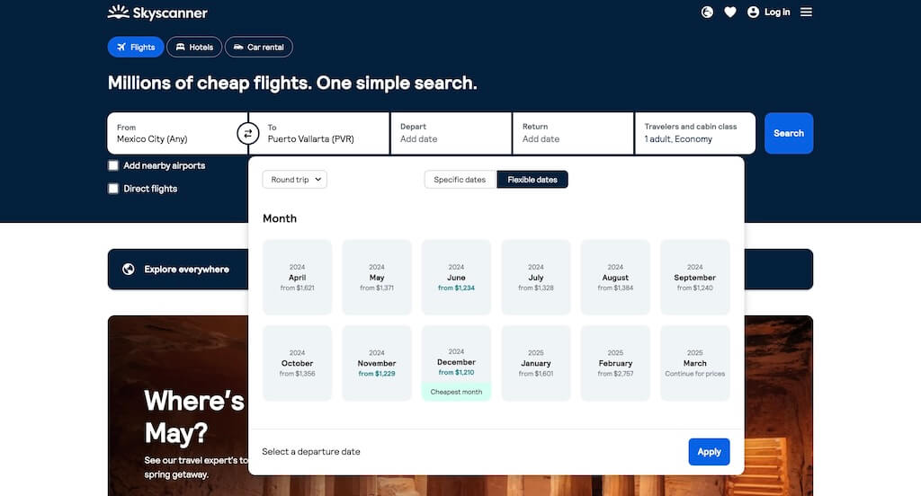 screenshot of skyscanner displaying monthly overview of flight prices from airports in mexico city to Puerto Vallarta. Average prices range from $1200 MXN to $2757 MXN