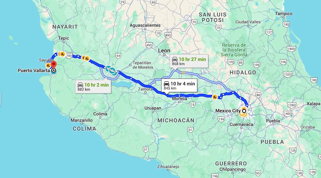 map depicting two driving routes from mexico city to puerto vallarta, one through michoacan and another through guanajuato and queretaro