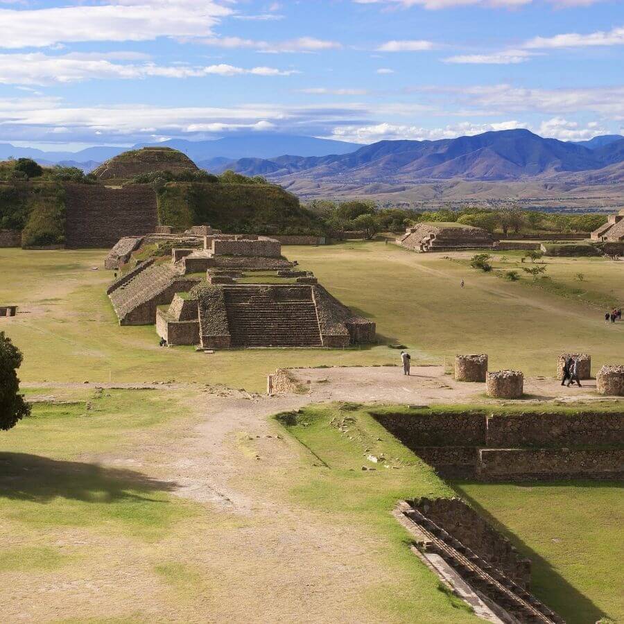 several structures at the Monte Alban archaeological site near Oaxaca City