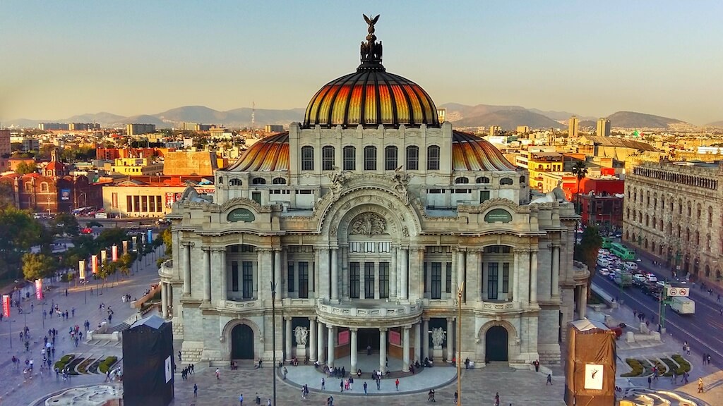 aerial shot of the Palacio de Bellas Artes in Mexico City, one of the best places for solo travelers to visit!