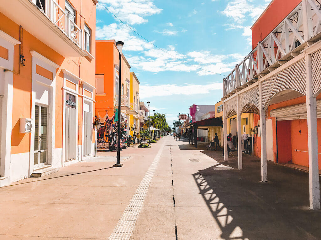 Colorful buildings line the streets of downtown San Miguel de Cozumel, the main town on Cozumel Island.