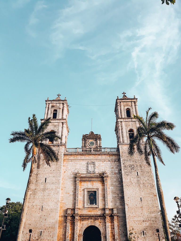 looking up at the cathedral in Valladolid, Mexico