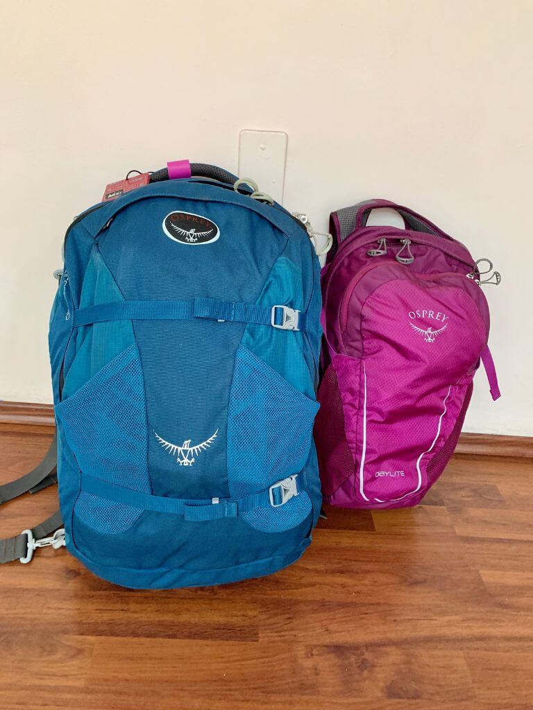 two Osprey travel backpacks, one blue, and one pink, sitting side by side