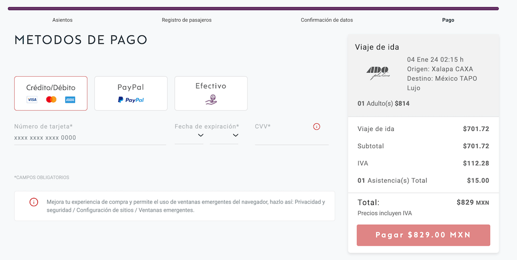 a screenshot of the ADO bus checkout page showing options to pay with debit, credit, or paypal