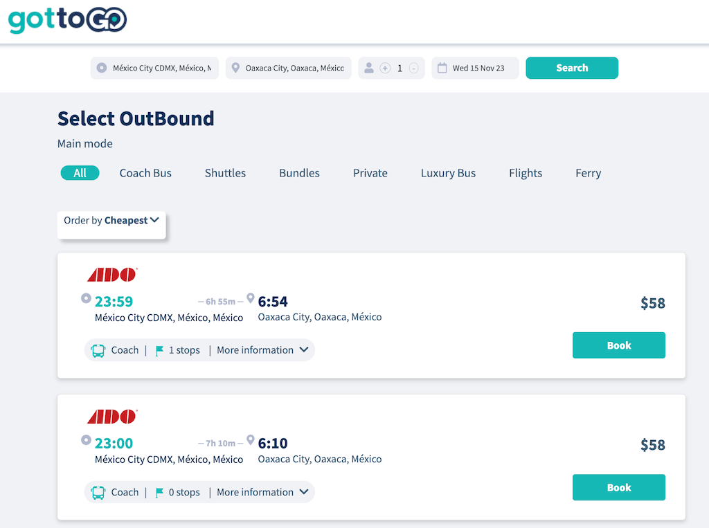 creenshot of an online booking platform, GottoGo, showing bus ticket options for travel from Mexico City to Oaxaca, with clear, user-friendly interface and pricing details.